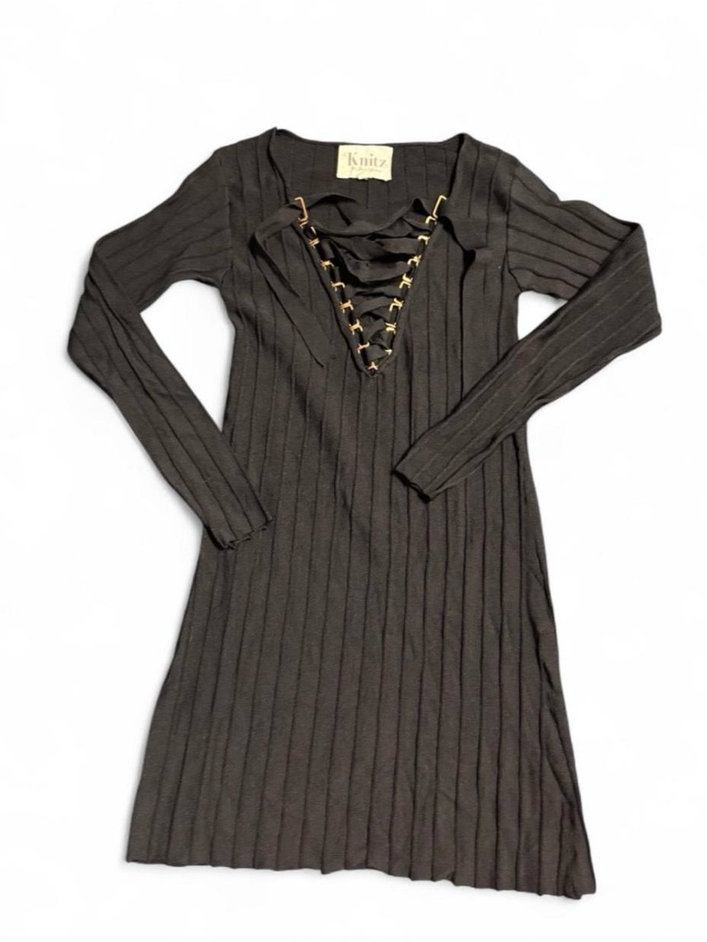 For Love & Lemons Black Ribbed Lace-Up V-Neck Mini Dress